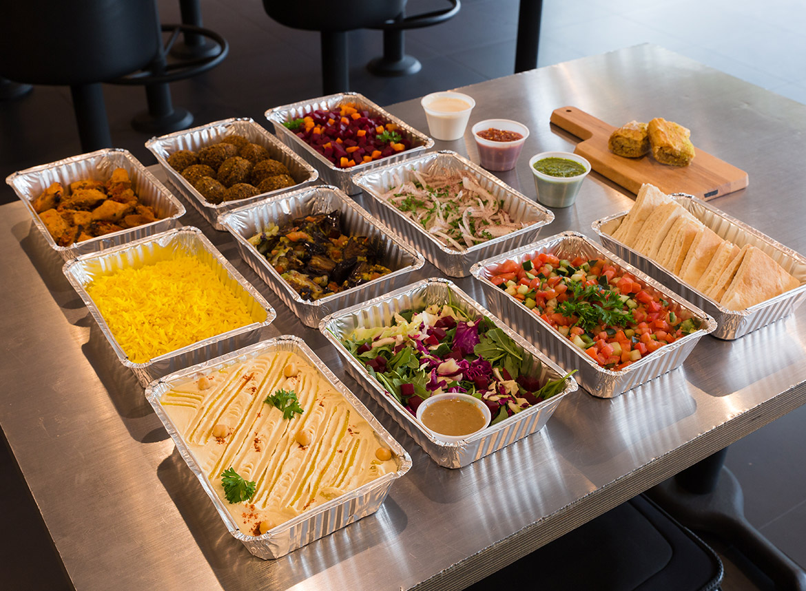The Med Spread San Diego Mediterranean Catering Chicken, Meatballs, Rice, Veggie/Salad Spread, Feta, Hummus, Tzatziki, Pitas
